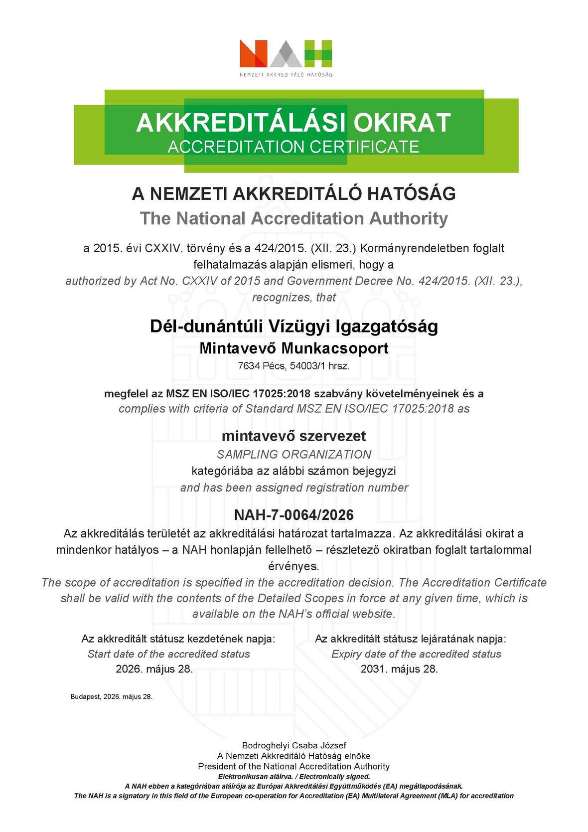 Akkreditálási okirat